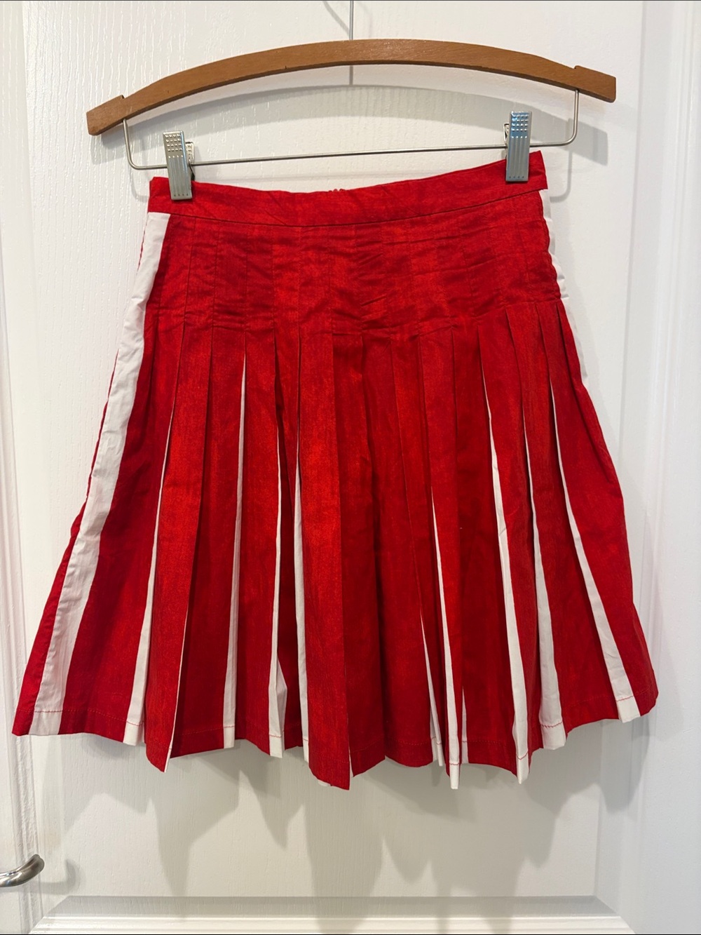 SAMANTHA SUNG Red Mini Pleated Skirt with White Inset Stripes 0